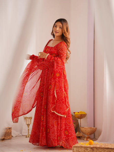 Premium Quality Bandhej Red Anarkali Suit Set