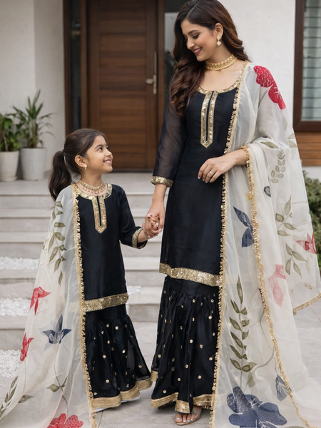 Premium Mom-Daughter Combo Top Sharara And Dupatta Sets
