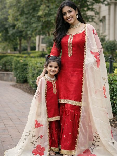 Premium Mom-Daughter Combo Top Sharara And Dupatta Sets