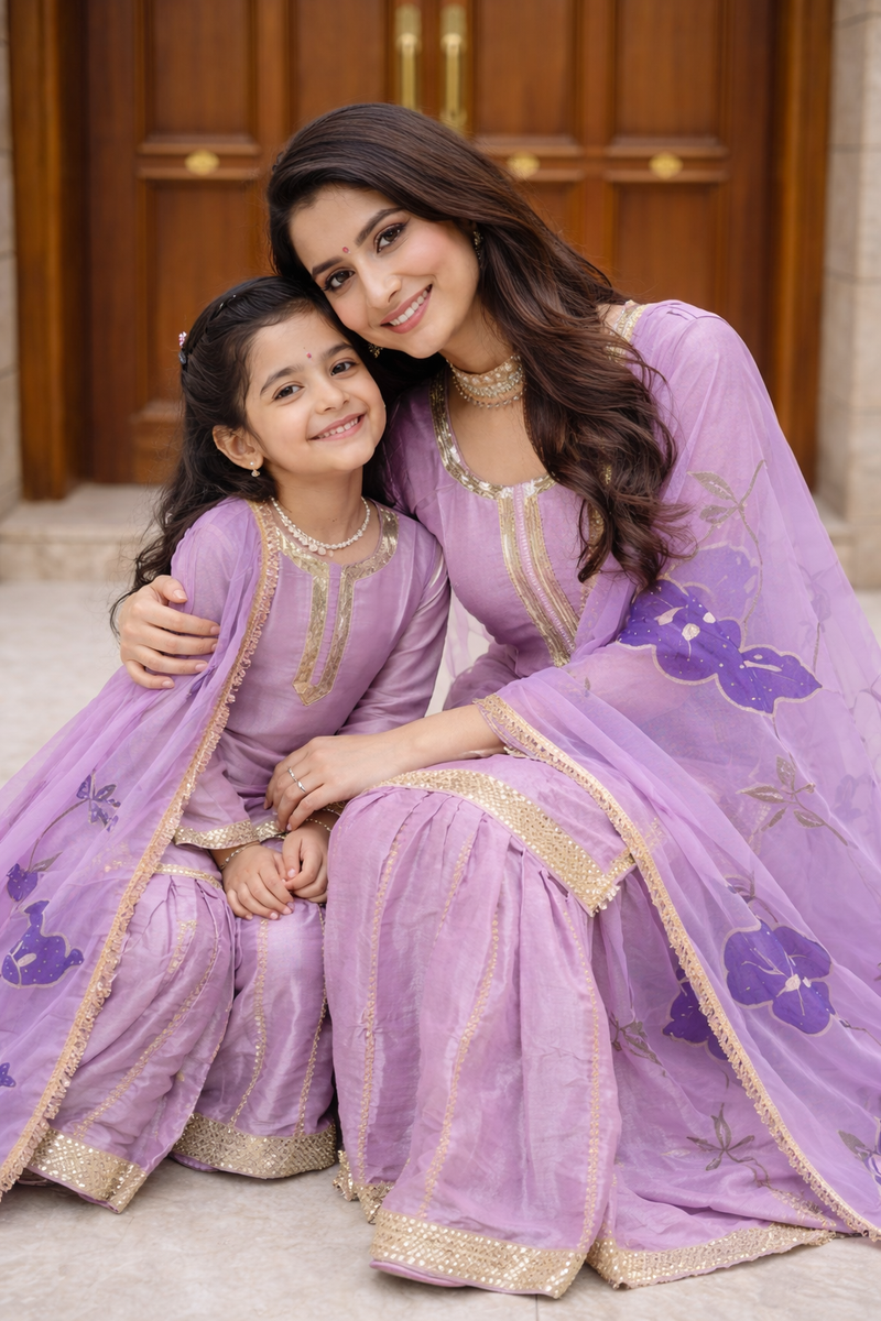 Premium Mom-Daughter Combo Top Sharara And Dupatta Sets