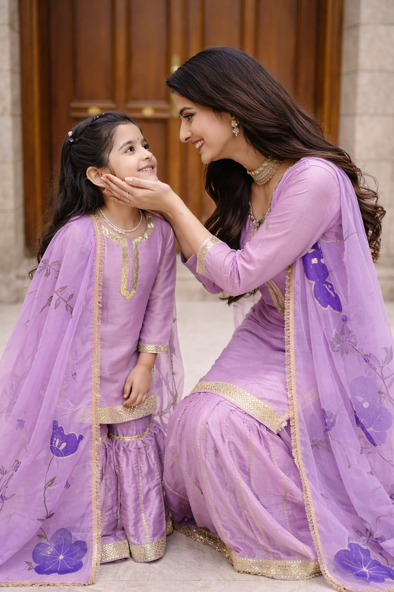 Premium Mom-Daughter Combo Top Sharara And Dupatta Sets