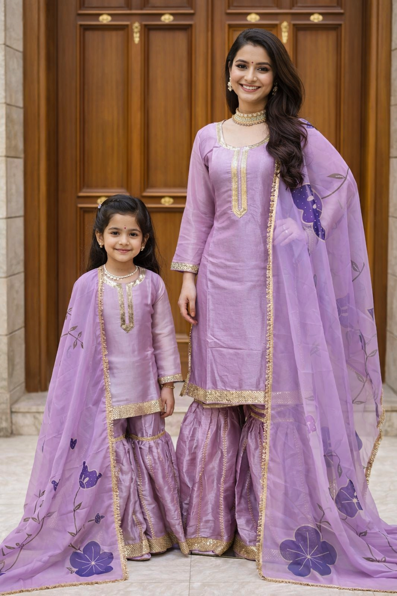 Premium Mom-Daughter Combo Top Sharara And Dupatta Sets