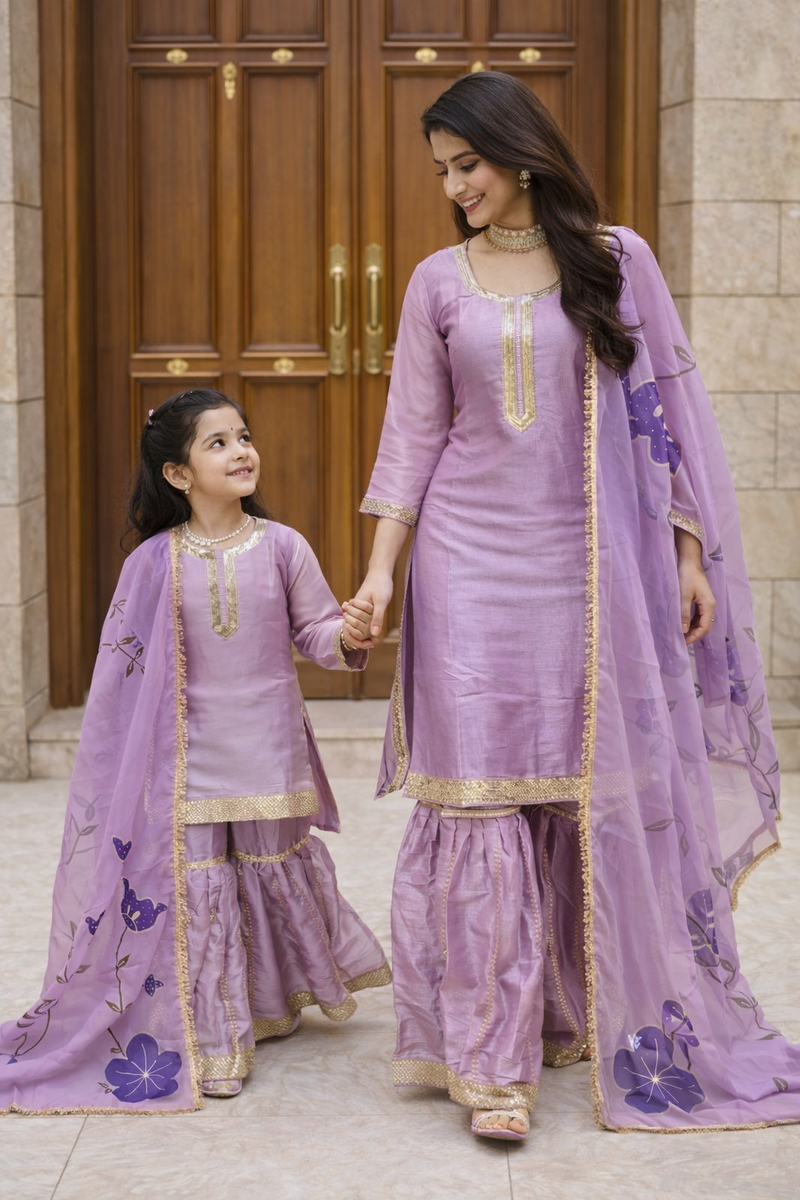 Premium Mom-Daughter Combo Top Sharara And Dupatta Sets