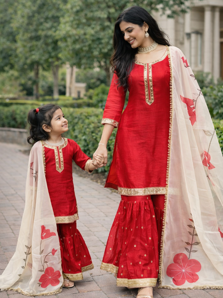 Premium Mom-Daughter Combo Top Sharara And Dupatta Sets