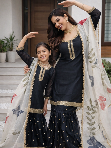 Premium Mom-Daughter Combo Top Sharara And Dupatta Sets