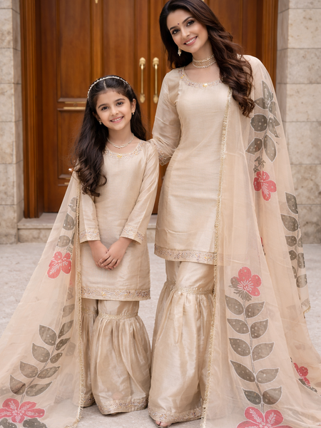 Premium Mom-Daughter Combo Top Sharara And Dupatta Sets