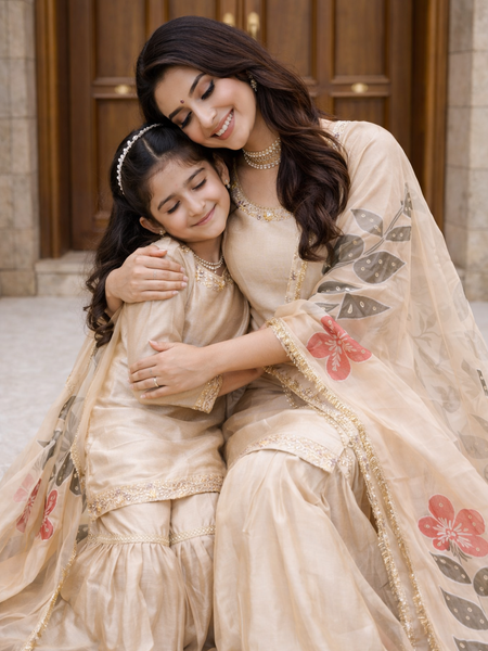 Premium Mom-Daughter Combo Top Sharara And Dupatta Sets