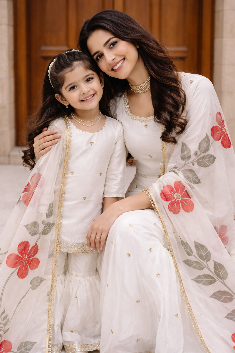 Premium Mom-Daughter Combo Top Sharara And Dupatta Sets