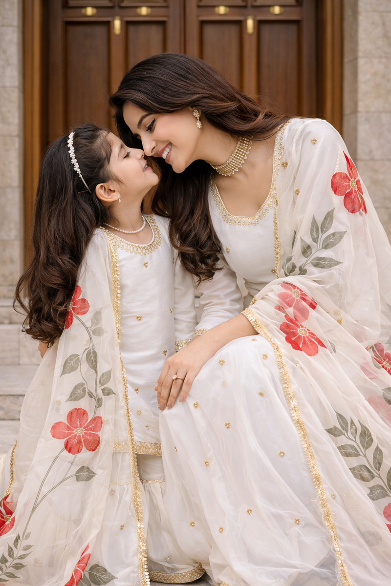 Premium Mom-Daughter Combo Top Sharara And Dupatta Sets