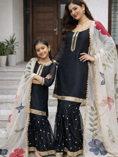 Premium Mom-Daughter Combo Top Sharara And Dupatta Sets