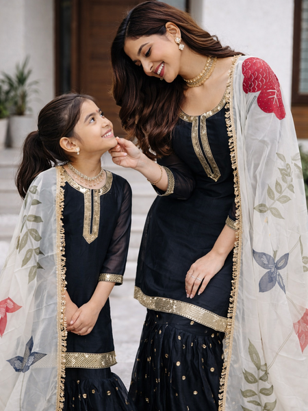 Premium Mom-Daughter Combo Top Sharara And Dupatta Sets