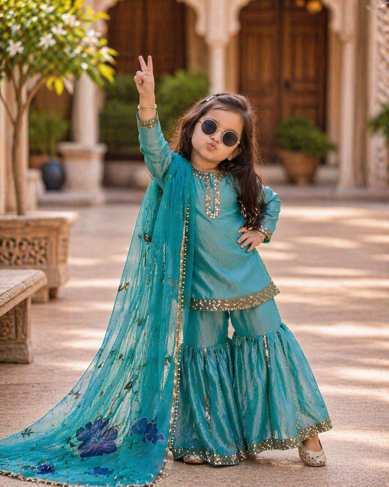 Premium Beautiful Kids Top Sharara And Dupatta Set