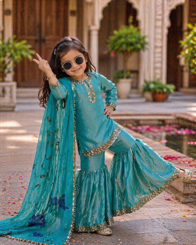 Premium Beautiful Kids Top Sharara And Dupatta Set