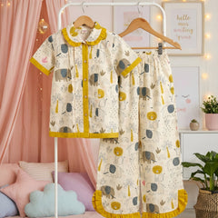 Girls Cotton Night Suit Set | Cute Printed Kids Sleepwear Night Dress