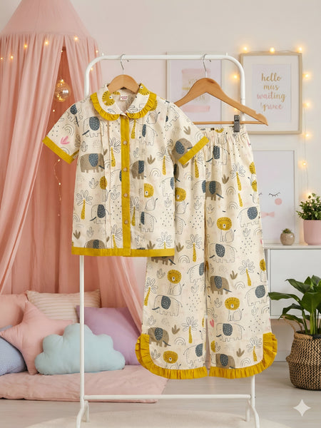Girls Cotton Night Suit Set | Cute Printed Kids Sleepwear Night Dress
