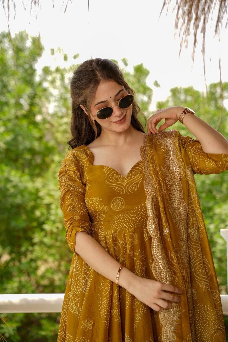 Bandhani Mehndi Colour Anarkali Suit Set