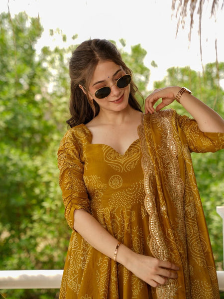 Bandhani Mehndi Colour Anarkali Suit Set