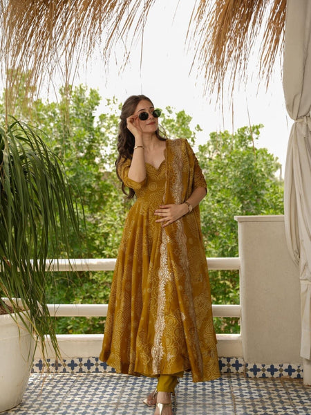 Bandhani Mehndi Colour Anarkali Suit Set