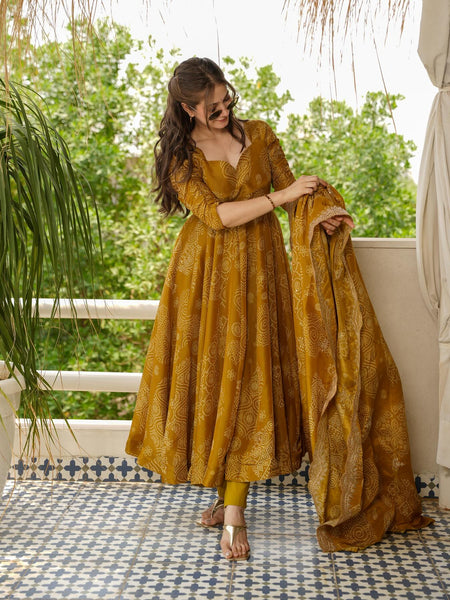Bandhani Mehndi Colour Anarkali Suit Set