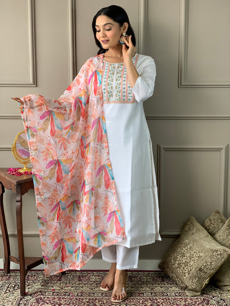 White Chanderi Kurti Set for Women