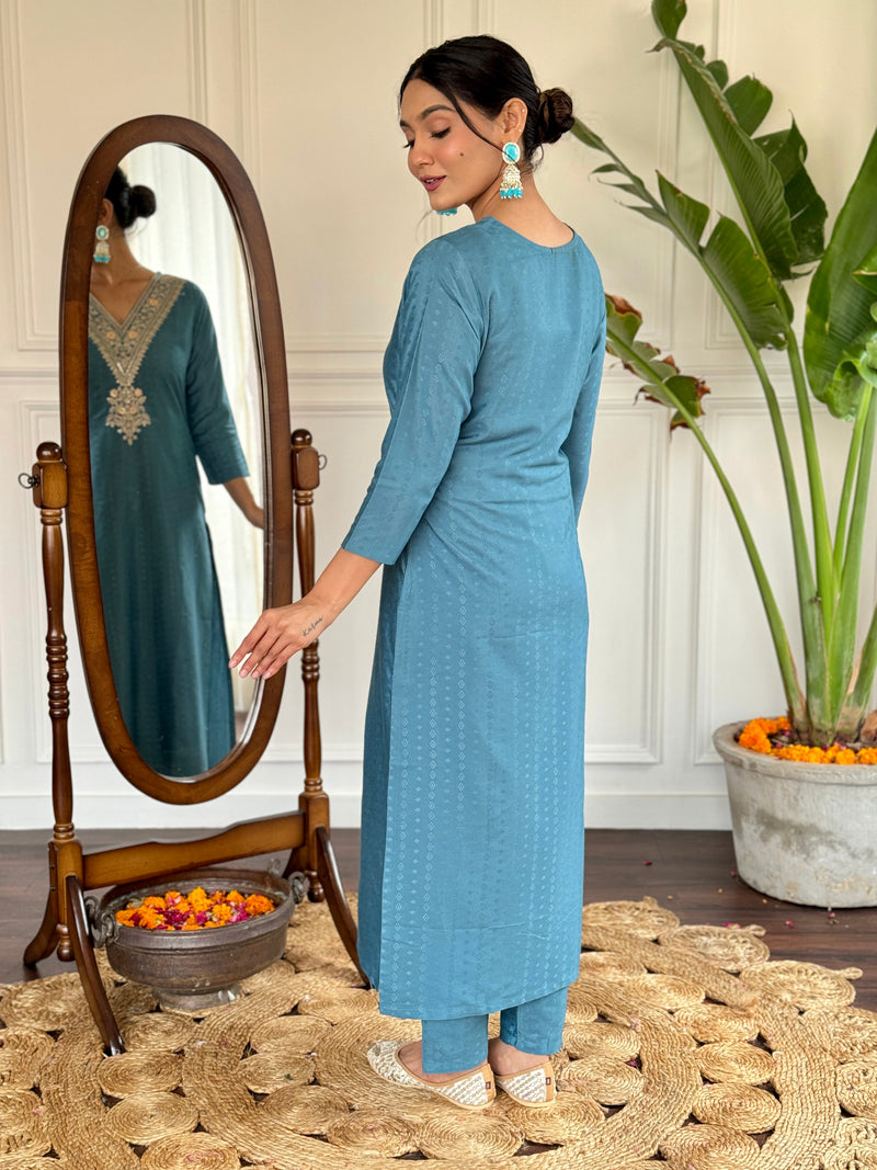Women's Aqua Blue Viscose Rayon Straight Embroidered Kurti and Palazzo & Printed Dupatta Set