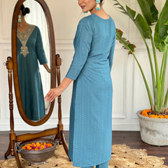 Women's Aqua Blue Viscose Rayon Straight Embroidered Kurti and Palazzo & Printed Dupatta Set