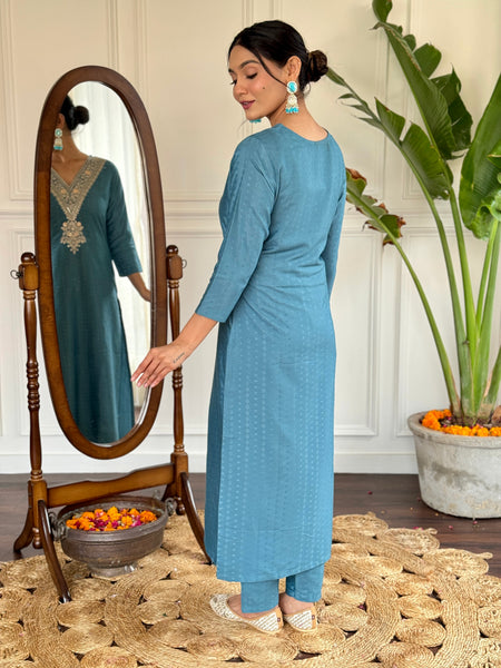 Women's Aqua Blue Viscose Rayon Straight Embroidered Kurti and Palazzo & Printed Dupatta Set