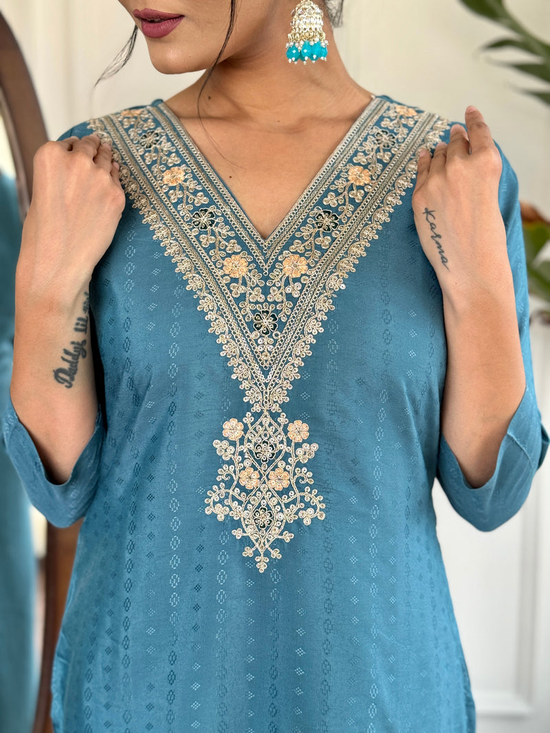Women's Aqua Blue Viscose Rayon Straight Embroidered Kurti and Palazzo & Printed Dupatta Set