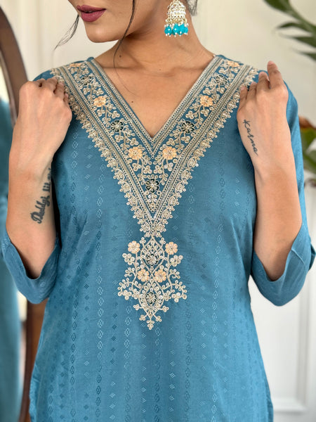 Women's Aqua Blue Viscose Rayon Straight Embroidered Kurti and Palazzo & Printed Dupatta Set