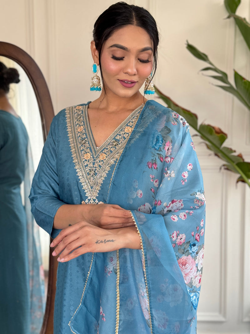 Women's Aqua Blue Viscose Rayon Straight Embroidered Kurti and Palazzo & Printed Dupatta Set