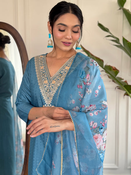 Women's Aqua Blue Viscose Rayon Straight Embroidered Kurti and Palazzo & Printed Dupatta Set