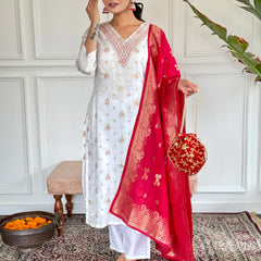 Women's Jacquard Viscose Embroidered Straight Kurta with Pant Dupatta SetsWomen's Jacquard Viscose Embroidered Straight Kurta with Pant Dupatta Sets