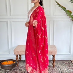 Women's Jacquard Viscose Embroidered Straight Kurta with Pant Dupatta SetsWomen's Jacquard Viscose Embroidered Straight Kurta with Pant Dupatta Sets