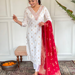 Women's Jacquard Viscose Embroidered Straight Kurta with Pant Dupatta SetsWomen's Jacquard Viscose Embroidered Straight Kurta with Pant Dupatta Sets