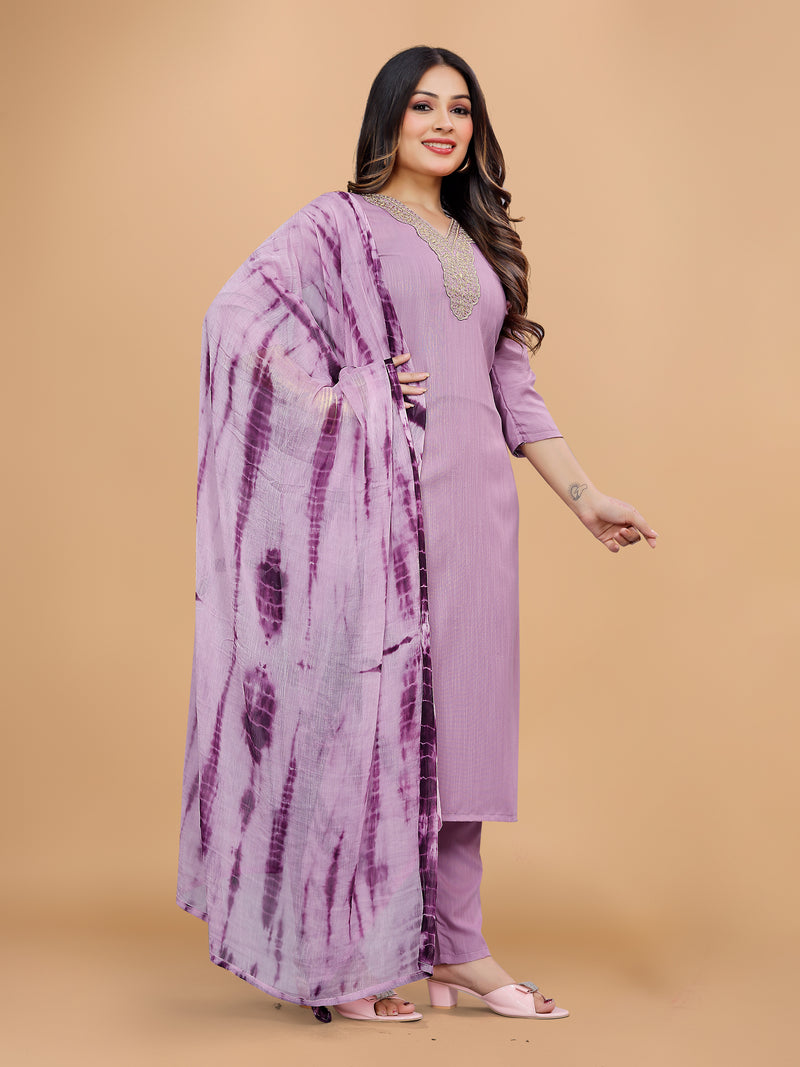 Women's Elegants Lavender Rayon Slub Sraight Suit Set with Tie-Dye Dupatta