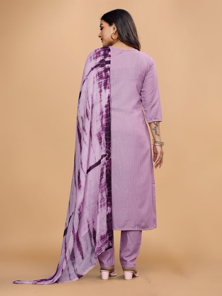 Women's Elegants Lavender Rayon Slub Sraight Suit Set with Tie-Dye Dupatta