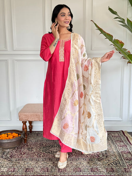 Women Embroidered Straight Kurta Set