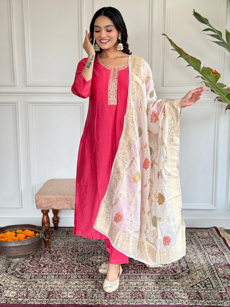 Women Embroidered Straight Kurta Set