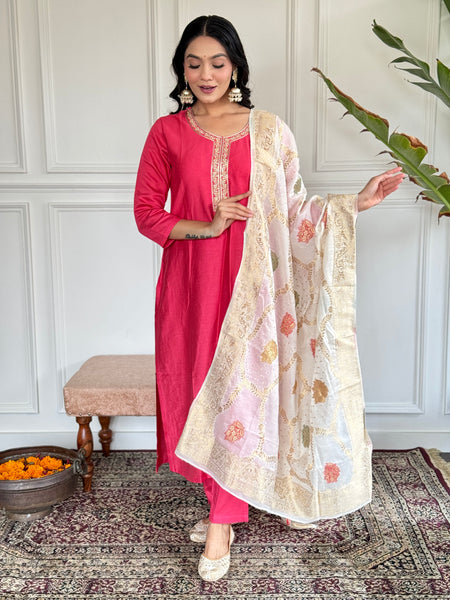 Women Embroidered Straight Kurta Set