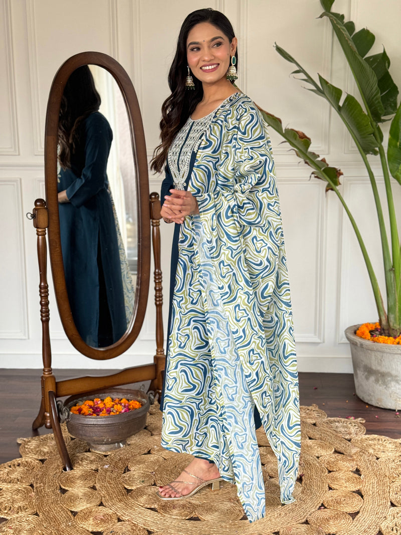 Embroidered Round Neck Regular Kurta With Trousers With Dupatta