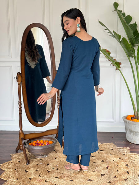 Embroidered Round Neck Regular Kurta With Trousers With Dupatta