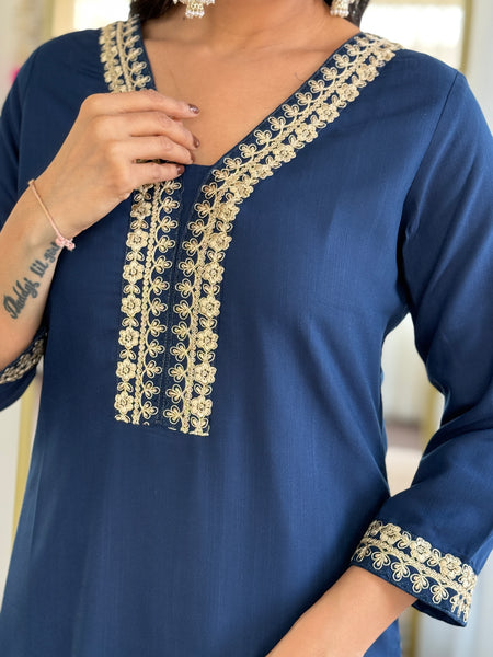 Navy Blue Kurti Floral Print Dupatta Set for Weddings