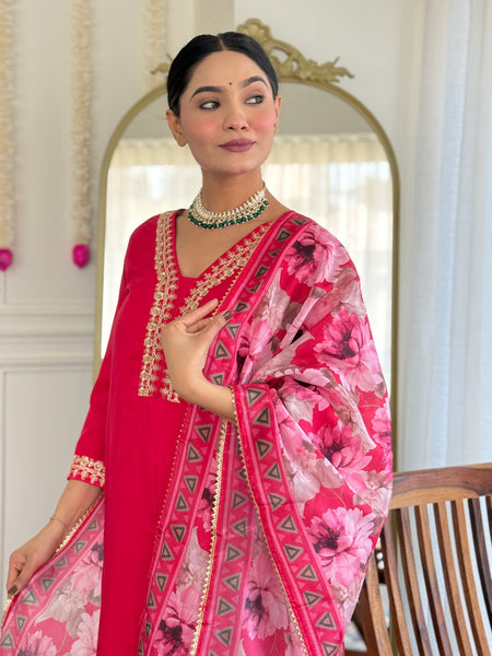Traditional Embroidered Kurta Set with Floral Dupatta | Party Wear for Women
