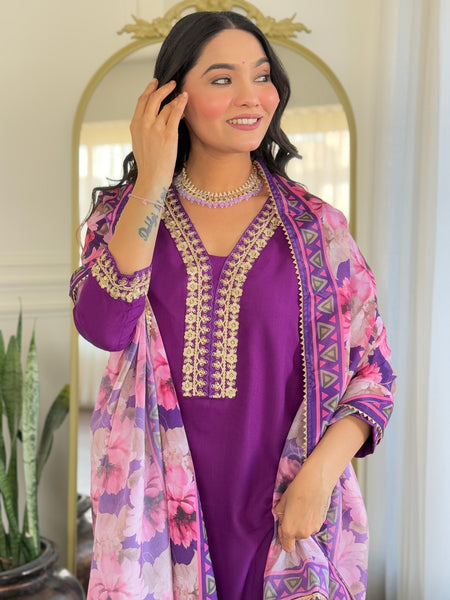 Purple Embroidered Kurti Set with Floral Chinnon Dupatta