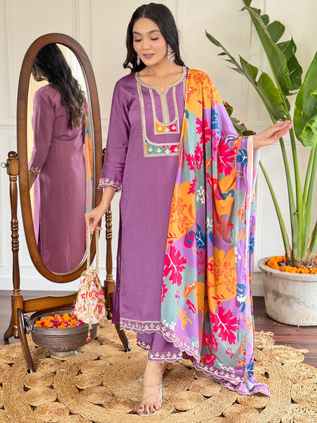 Embroidered Kurti Set with French Crepe Dupatta
