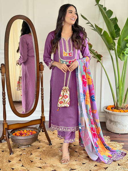 Embroidered Kurti Set with French Crepe Dupatta