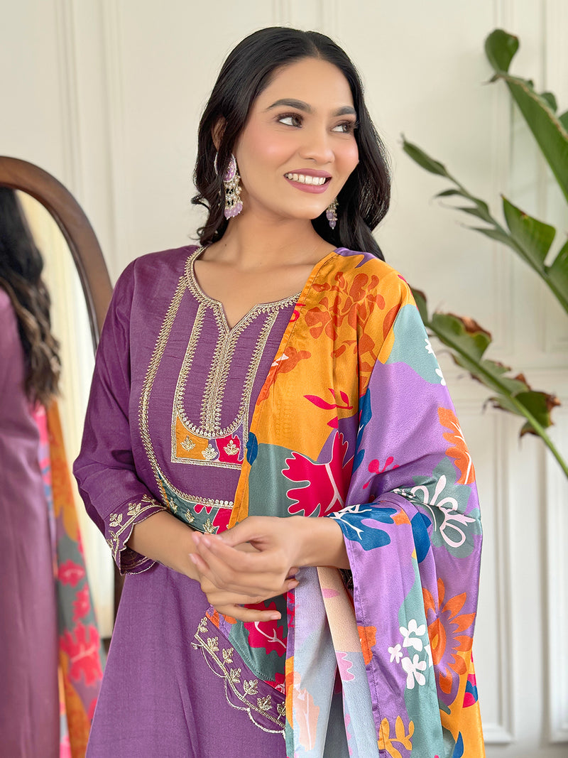 Embroidered Kurti Set with French Crepe Dupatta