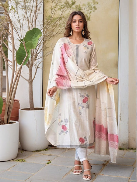 Off White Woven Cotton Straight Kurta Set With Dupatta