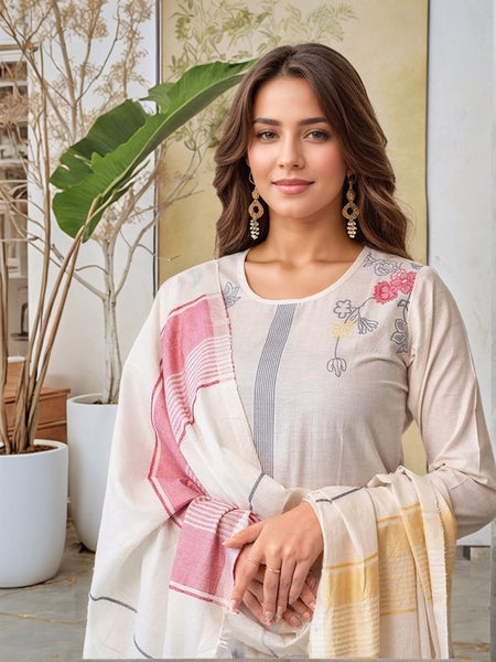 Off White Woven Cotton Straight Kurta Set With Dupatta