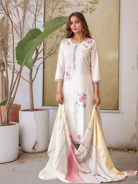 Off White Woven Cotton Straight Kurta Set With Dupatta